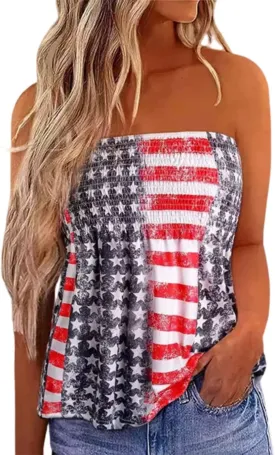 Womens American Flag Smocked Strapless Bandeau Tank Top Casual Strapless Tube Tops 4th of July Tank