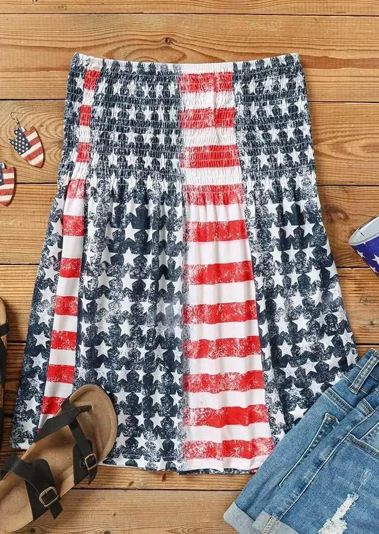 Womens American Flag Smocked Strapless Bandeau Tank Top Casual Strapless Tube Tops 4th of July Tank