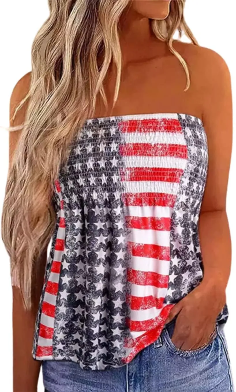 Womens American Flag Smocked Strapless Bandeau Tank Top Casual Strapless Tube Tops 4th of July Tank