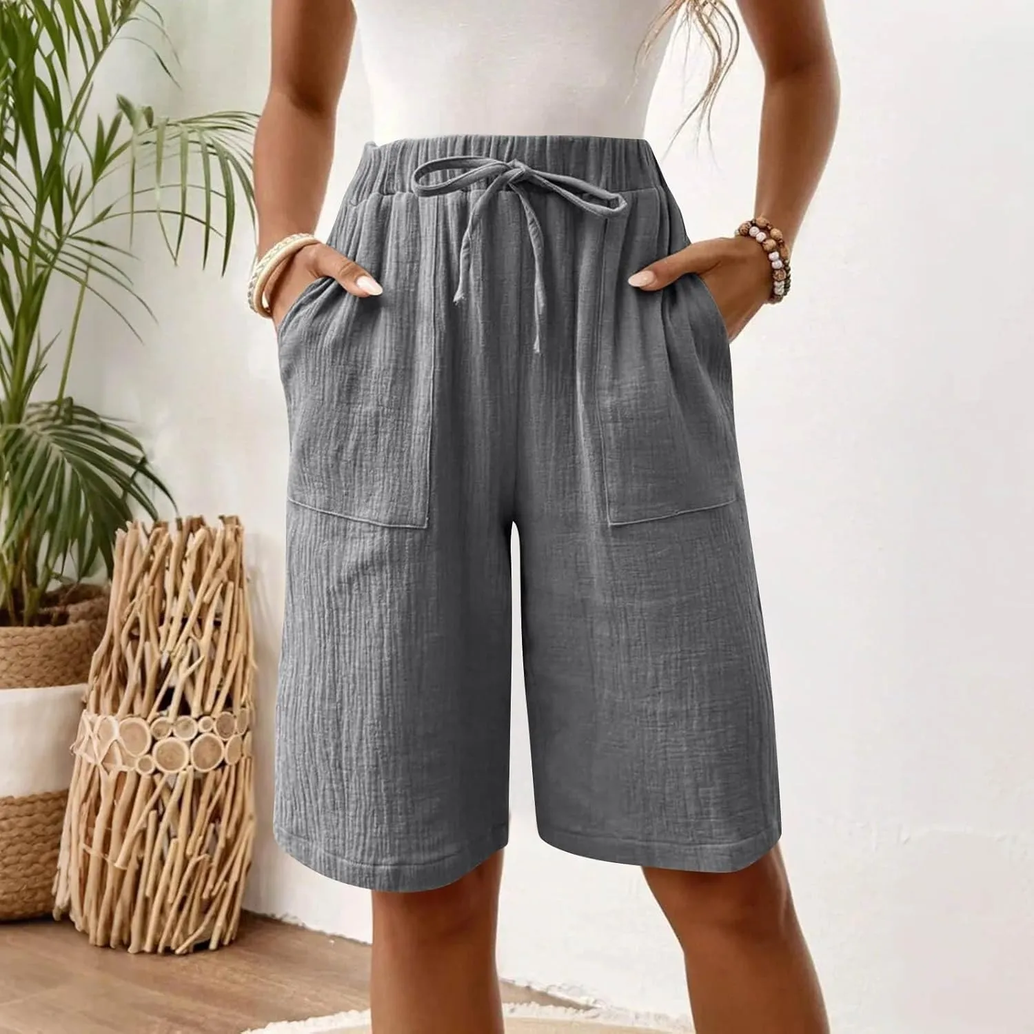 Women's Bermuda Shorts 2025 Cotton Linen Long Shorts Casual Lightweight Summer Beach Cropped Pants with Pockets