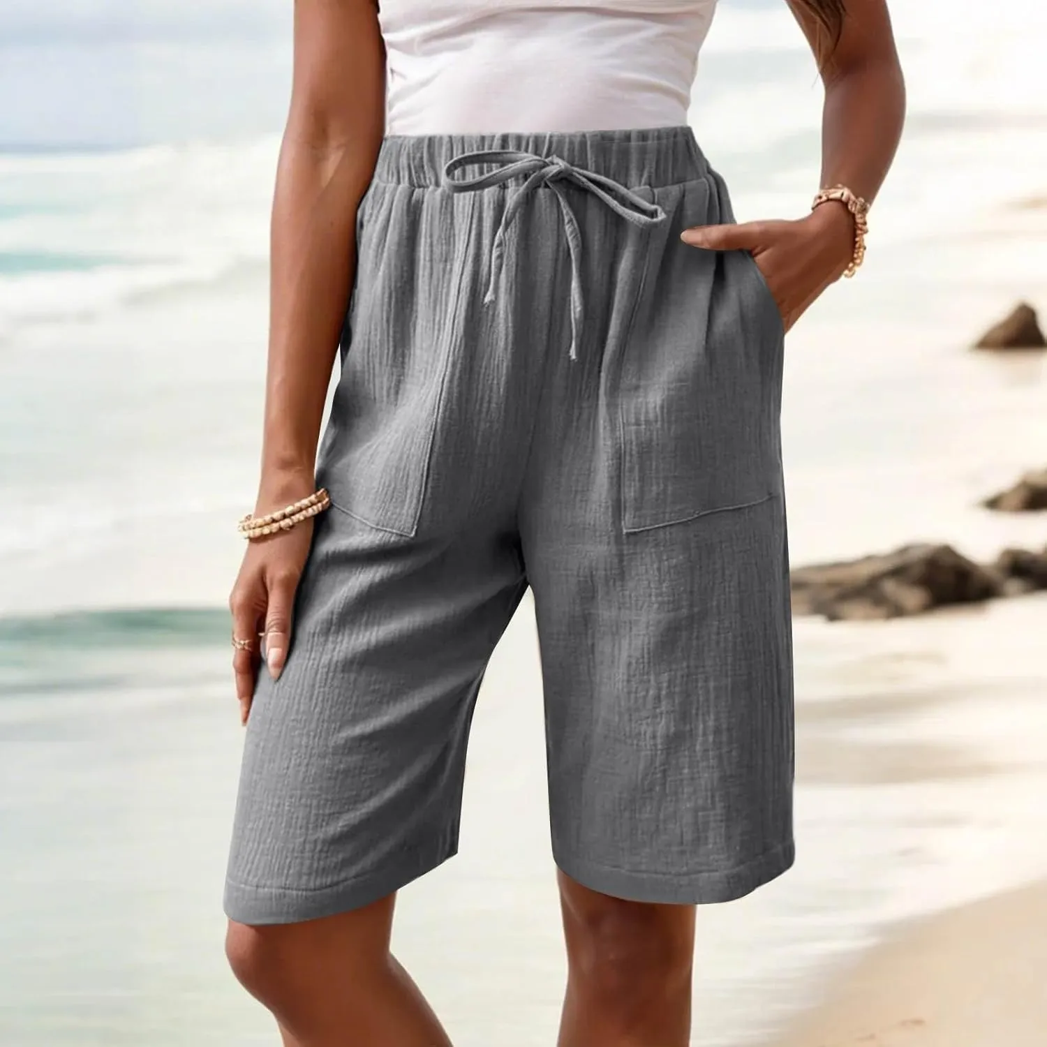 Women's Bermuda Shorts 2025 Cotton Linen Long Shorts Casual Lightweight Summer Beach Cropped Pants with Pockets