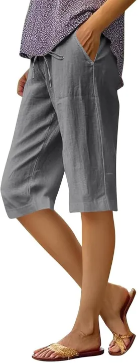 Women's Bermuda Shorts 2025 Cotton Linen Long Shorts Casual Lightweight Summer Beach Cropped Pants with Pockets
