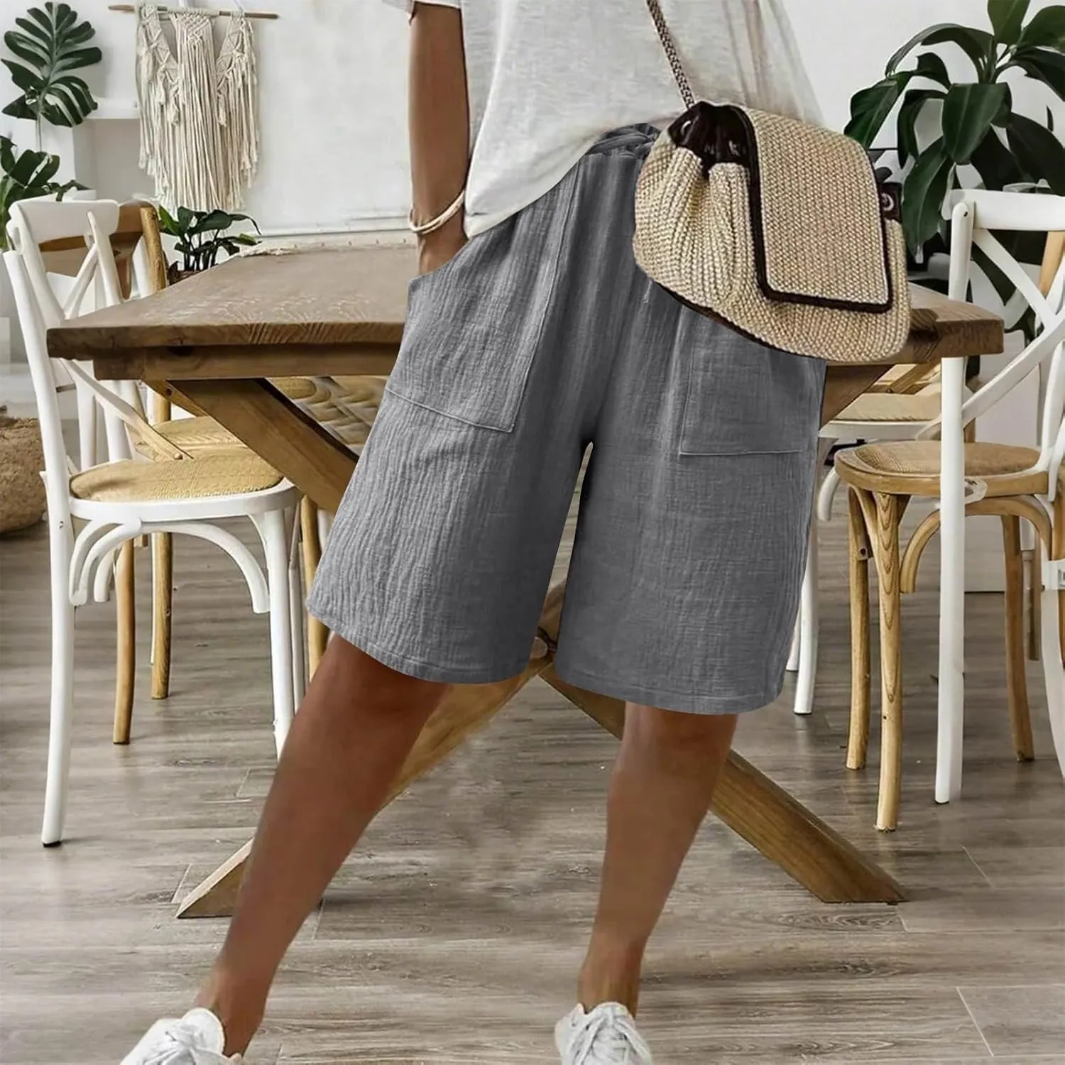 Women's Bermuda Shorts 2025 Cotton Linen Long Shorts Casual Lightweight Summer Beach Cropped Pants with Pockets