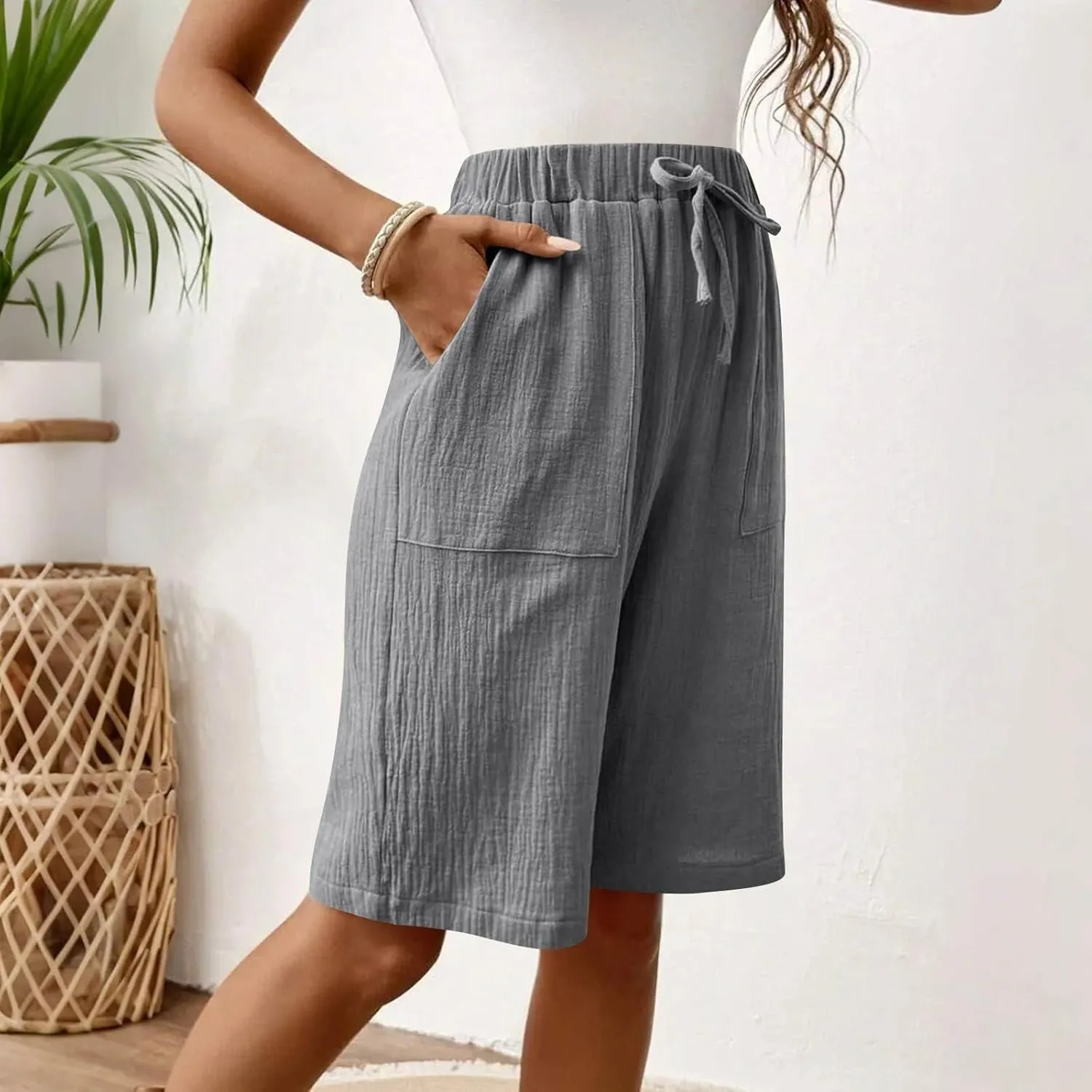 Women's Bermuda Shorts 2025 Cotton Linen Long Shorts Casual Lightweight Summer Beach Cropped Pants with Pockets