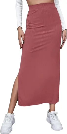 Women's High Waist Pencil Skirt, Casual Long Knit Skirt with Side Slit, Spring Pencil Slit Tummy Control Elastic High