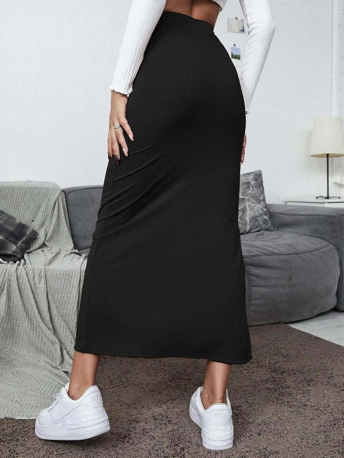Women's High Waist Pencil Skirt, Casual Long Knit Skirt with Side Slit, Spring Pencil Slit Tummy Control Elastic High