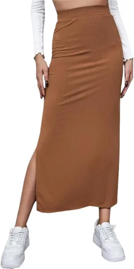 Women's High Waist Pencil Skirt, Casual Long Knit Skirt with Side Slit, Spring Pencil Slit Tummy Control Elastic High