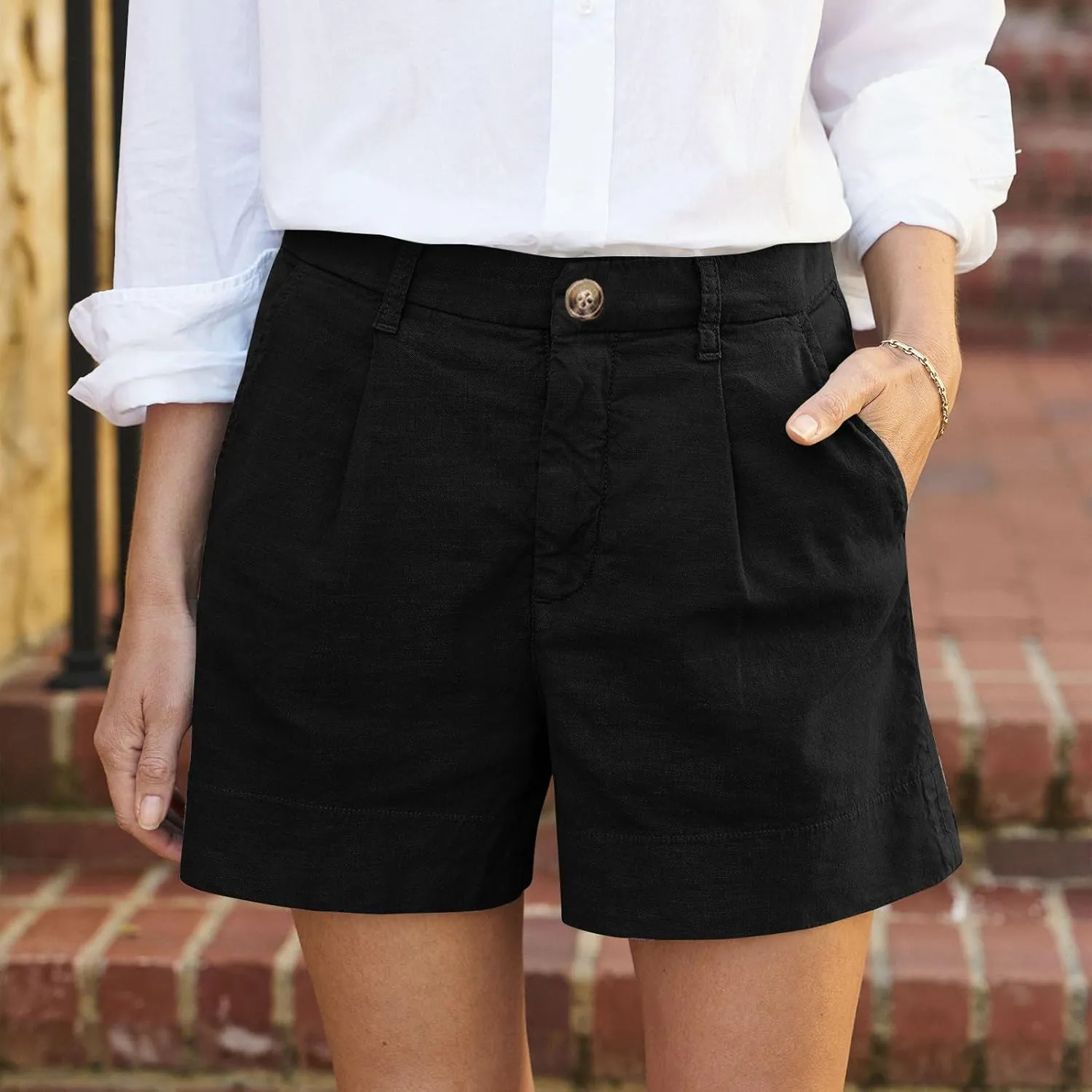 Womens Linen Shorts Casual Baggy Wide Leg Elastic High Waisted Shorts Business Dressy Work Short Trousers with Pocket