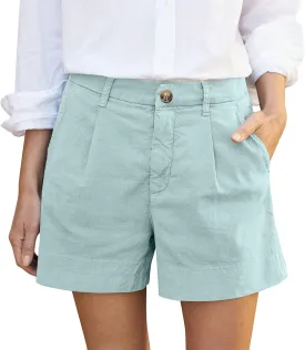 Womens Linen Shorts Casual Baggy Wide Leg Elastic High Waisted Shorts Business Dressy Work Short Trousers with Pocket