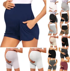 Women's Maternity Yoga Shorts Over The Belly Bump Summer Workout Running Active Short Stretch Pants with Pockets