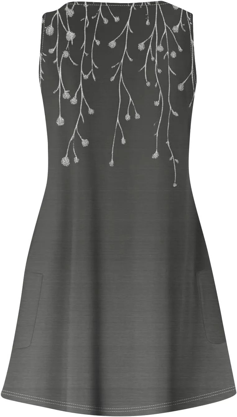 Womens Summer Dresses Casual Vacation Swimsuit Coverup Sleeveless Printed Sundress Beach V Neck Dress with Pocket