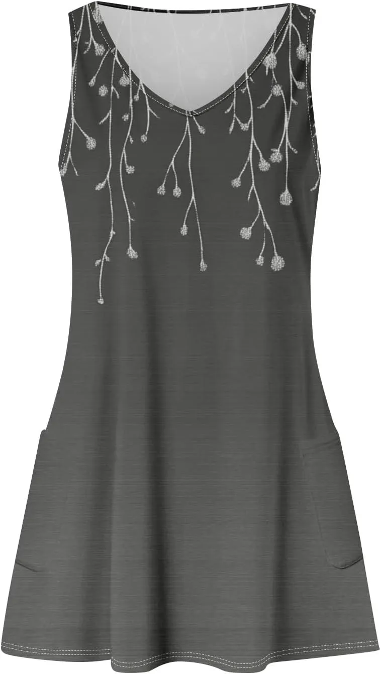 Womens Summer Dresses Casual Vacation Swimsuit Coverup Sleeveless Printed Sundress Beach V Neck Dress with Pocket
