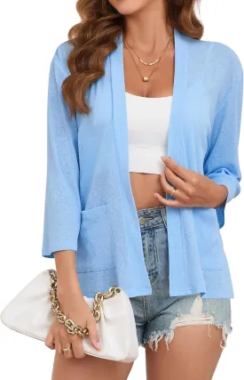Womens Summer Lightweight Cardigan 3/4 Sleeve Open Front Sheer Cover Ups with Pockets 2024