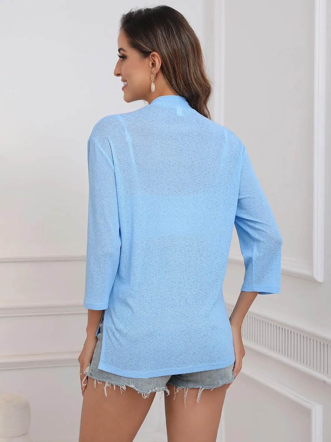 Womens Summer Lightweight Cardigan 3/4 Sleeve Open Front Sheer Cover Ups with Pockets 2024