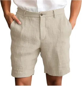 Xiaojmake Mens Linen Short Solid Summer Flat Front Casual Bermuda Shorts Button High Waisted Pleated Dress Short with Pockets
